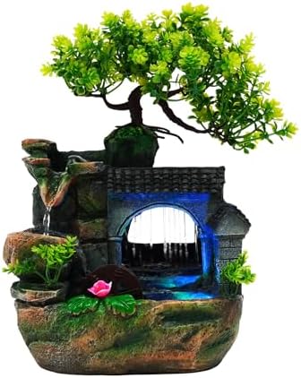 Rockery Tabletop Fountain, Waterfall Desktop Water Fountain with LED Light, Hand-Carved Resin Decor with Adjustable Flow Pump for Stress Relief, Suitable for Living Room, Office, Bedroom by Unknown