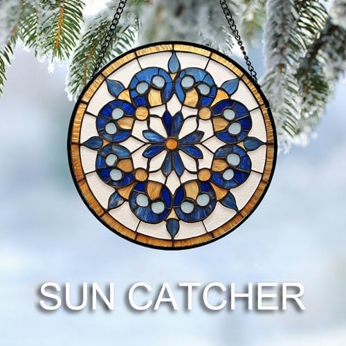 Stained Glass Window Hanging Blue Brown Boho Floral Pattern Large 15" - Flower Suncatcher Door Garden Sun Catcher Decor Birthday Christmas for Mom Woman Nana Friend Men - Image 4