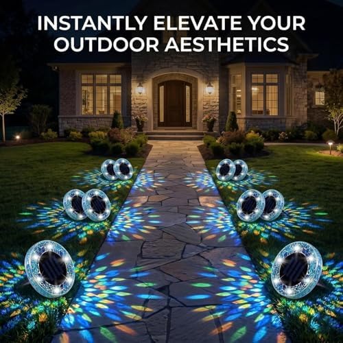 4ps/8ps Solar Mosaic Disk Lights, Outdoor Waterproof LED Ground Lights, Decorative Solar Pathway Lights for Garden, Patio, Walkway, Yard and Driveway (8, Yellow) - Image 2