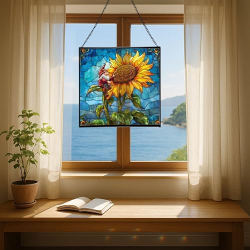 Sunflower Climb Gnome Stained Glass Suncatcher – Square Hanging Window Panel for Home or Greenhouse – Whimsical Glass Art Gift for Garden Lovers, Christmas, Halloween, Father Days PWjhXc - Image 6