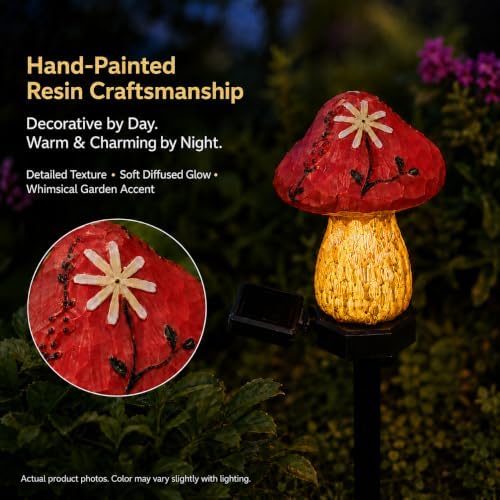 Solar Mushroom Lights Outdoor, 2 Pack Waterproof Decorative Garden Pathway Lights, Hand-Painted Resin Fairy Garden Decor for Yard Lawn Patio Walkway, Unique Gift for Women Garden Lovers - Image 4