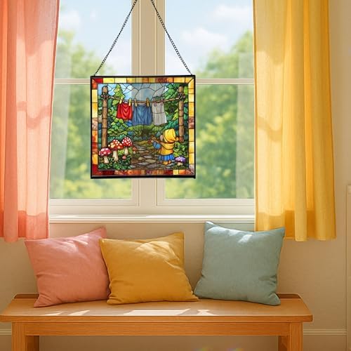 Gnome Hanging Laundry Stained Glass Suncatcher – Square Hanging Window Panel for Home, Garden, Nursery, Halloween, Christmas, Memorial Day – Whimsical Glass Art Gift for Gnome Lovers 01e3a4 - Image 5