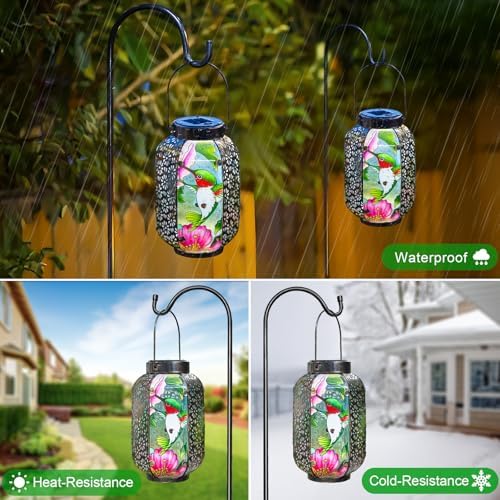 Hummingbird Solar Lantern Outdoor Hanging Lights – Waterproof Metal Garden Decor with Stained Glass, LED Solar Decorative Lamp for Patio, Yard, Porch, Pathway, Gardening Gifts for Mom, Grandma, Women - Image 4