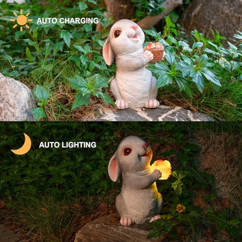 Solar Rabbit Garden Statues Outdoor Decor Resin Bunny Figurine Holding Mushroom with LED Lights for Porch Patio Lawn Yard Christmas Housewarming Gardening Gifts for Mom Grandma - Image 3
