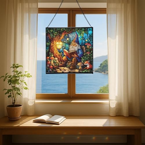 Forest Reading Gnome Stained Glass Suncatcher – Square Hanging Window Panel for Home or Greenhouse – Whimsical Glass Art Gift for Garden Lovers, Christmas, Halloween, Father Days YBMxRz - Image 6