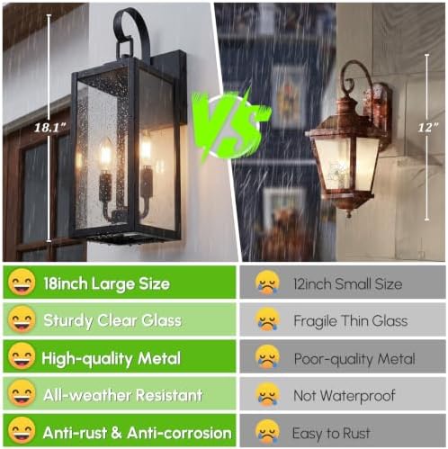 BesLowe 18" Large Outdoor Wall Lights, 2-Light Black Exterior Sconces - Image 3