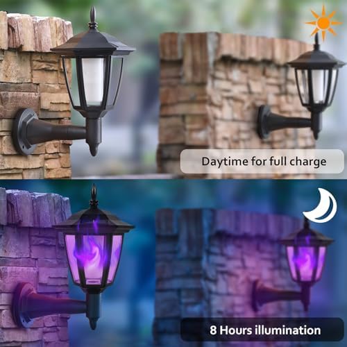 Dynaming 4 Pack Solar Flame Wall Lanterns Outdoor, Halloween Solar Powered Wall Mounted Sconce Lights, Flickering Purple Flame LED Lights Auto On/Off, Waterproof for Garage Stair Patio Porch Yard - Image 3