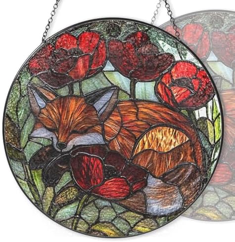 9.84 Inch Stained Glass Window Hanging Fox Poppy Sun Catchers Whimsical Fox in Red Poppies Suncatchers for Windows Hanging Stain Glass Decoration for Garden Outdoor Indoor Window Decor Gift by Unknown