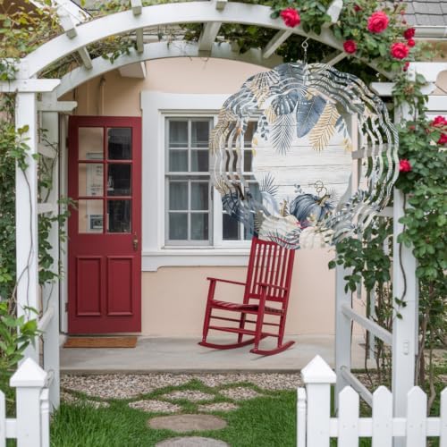 10 Inch Fall Thanksgiving Pumpkins Wind Spinner for Yard and Garden,Tropical Leaves Rustic Wood Gray Hanging Ornaments Outdoor 3D Kinetic Wind Sculpture Spinners Indoor Outdoor Patio Décor Gift - Image 4