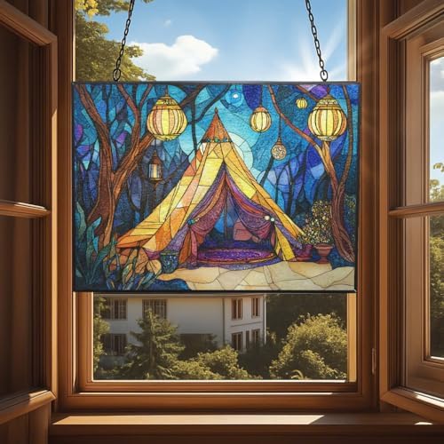 Personalized Rectangle Boho Lantern Tent Stained Glass Suncatcher Stained Glass Window Hanging Home Decor Garden Halloween Christmas Wedding Housewarming Gifts - Image 4