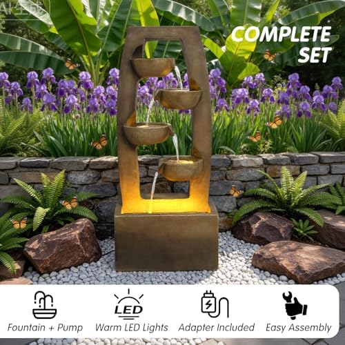 37.6" Modern 4-Bowl Outdoor Water Fountain with LED Lights and Pump, Floor Standing Waterfall Feature Outdoor Garden Fountain for Garden, Patio, Porch, Yard and Backyard Decor, Brown - Image 3