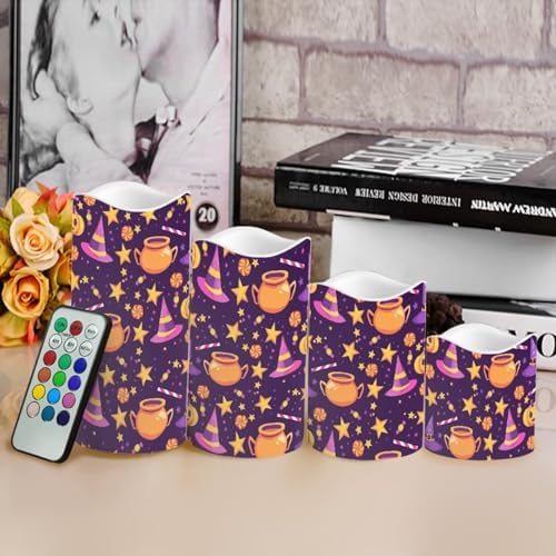 Flameless Candles Battery Operated Candles with Remote Control and Timers Color Changing Halloween Party Decor Accessories Flickering LED Pillar Candles Set of 4 Halloween Pattern - Image 4
