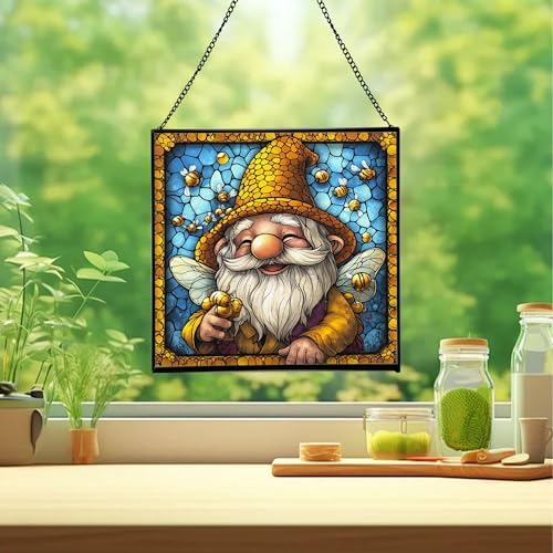 Bee Keeper Gnome Stained Glass Suncatcher – Square Hanging Window Panel for Home or Greenhouse – Whimsical Glass Art Gift for Garden Lovers, Christmas, Halloween, Father Days sRuQKl - Image 2