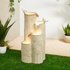 Glitzhome 31.75" H Ceramic Outdoor Water Fountain with LED Lights, 4-Tier Vase Outdoor Fountain, Sand Beige Glaze,Dandelion Texture, Bird Bath Cascading Waterfall for Garden, Patio, or Porch by Glitzhome