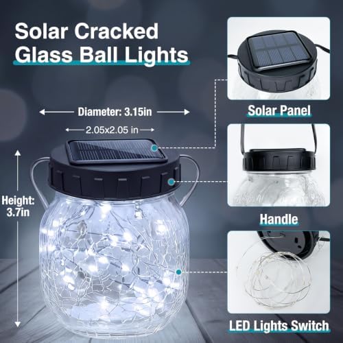 Kolpop Solar Lanterns Outdoor Waterproof 12 Pack, Hanging Solar Lights with 28 LED, Cracked Glass Hanging Globes for Garden Patio Fence Yard Christmas Tree Decoration, Cold White - Image 4