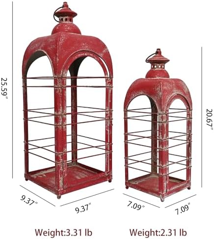 Vintage Red Metal Candle Lantern 2Pcs 25in & 20in Distressed Rustic Large Lanterns Farmhouse Hanging Candle Holder Lantern for Indoor & Outdoor Front Porch Patio Xmas Decor（NO Glass） - Image 2