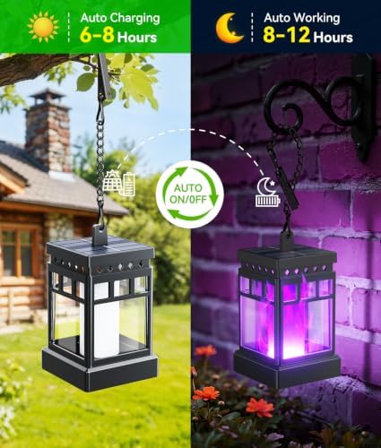 KOOPER Hanging Solar Lanterns Outdoor Waterproof, 4PCS Flickering Flame Hanging Solar Lights for Outside, Outdoor Solar Lanterns up to 12 Hours, Lanterns Decorative for Patio Yard Decor (Purple Light) - Image 6