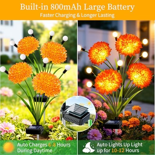 VOOKRY Solar Flowers Outdoor Waterproof, 8 Pack Garden Lights with Swaying Firefly Lights, Flower Light Garden Decor for Yard Patio Pathway Lawn Grave, Gardening Gifts for Women Mother's Day - Image 3