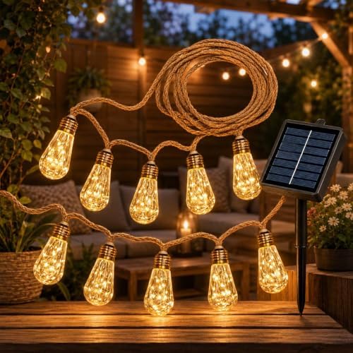 Solar String Lights Outdoor, 18Ft 10 LED Boho Rope Lights with Warm White Bulbs, Solar Powered Patio Lights with 8 Modes, Waterproof, for Garden Porch Decor (24, Warm White, 10m) by Unknown