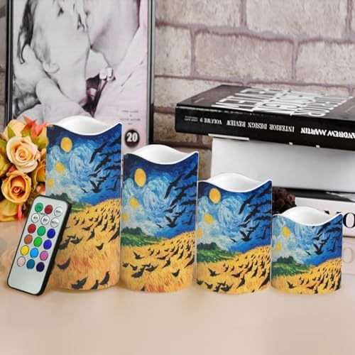 Wheatfield with Crows Flameless Candles with Dancing Flame Effect Waterproof Outdoor Pillar Lights Battery Operated Candle with Remote for Bedroom Bookshelf Fireplace Decor 4 Pack - Image 4