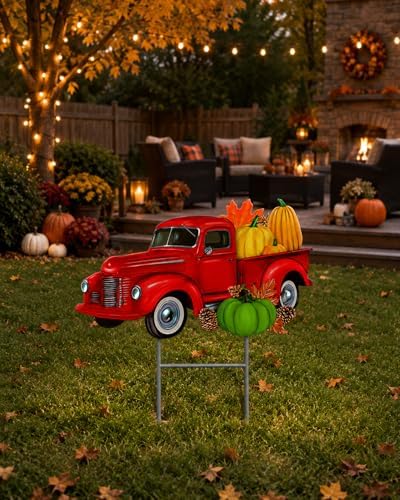 Garden Yard Stake Decor Vintage Truck Metal Colorful Fall Outdoor Decor Entry Front Backyard Home Business 22" x 22" (Red Truck W Fall Pumpkins) - Image 6