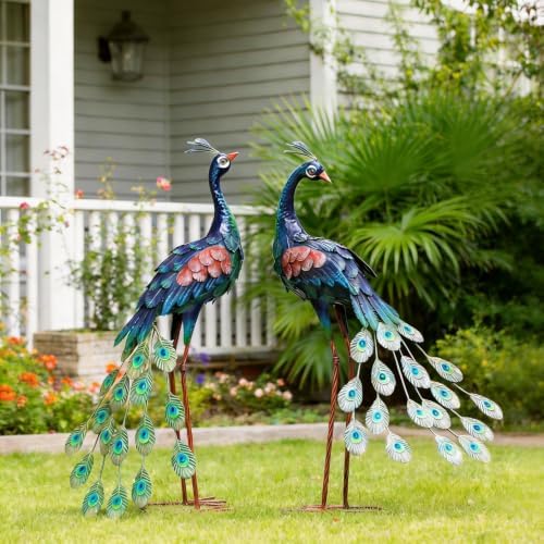 chisheen Garden Decor Outdoor Statues, Metal Peacock Decor for Outside, Garden Art Sculptures Standing for Patio Yard Lawn Home Decorations, Set of 2 - Image 4