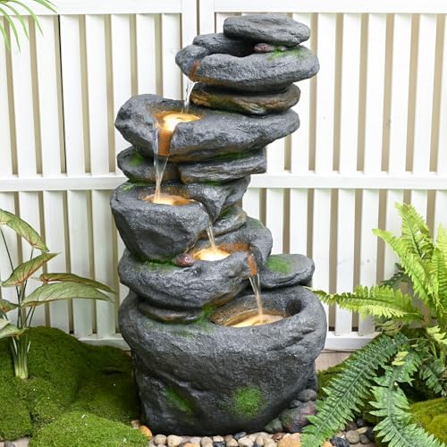 38" Outdoor Garden Water Fountain with Lights, 5 Tiers Water Feature - Image 6