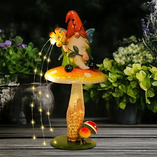 HONGLAND Solar Garden Gnome Figurine, Waterproof Outdoor Mushroom Decor with Solar Outdoor Lights for Yard, Patio, Lawn Ornaments, Ideal Gifts for Mom Grandma Women, Housewarming Gifts-16.5" by HONGLAND