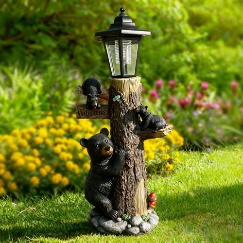 19 Inches Bear Statue Welcome Sign Garden Statue with Solar Lights by Oritty