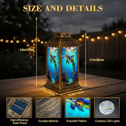 Solar Lantern Outdoor Waterproof Colorful Stained Glass Dolphin Swimming Vibrant Underwater Scene Garden Decor LED Hanging Solar Lights Tabletop Lamp Gifts for Women Mom Outside Yard Patio Porch - Image 2