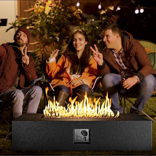 COSIEST 56" Rectangular Outdoor Propane Fire Pit Coffee Table w Concrete Rectangle Base, Certified, 50,000 BTU, Free Lava Rocks and RainCover, Fits 20lb Tank Outside,Tank Cover, Gray - Image 2