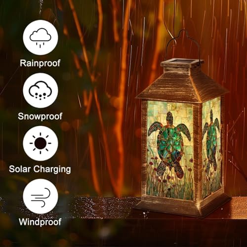 Solar Lanterns Outdoor Waterproof Graceful Teal Stained Glass Sea Turtle Illustrated Anemones Hanging Solar Light Outside Lights for Patio Yard House Lawn Decor Birthday Gifts for Women Mom - Image 5