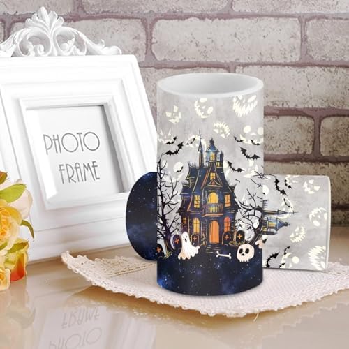 Set of 2 Halloween Flameless Candles Bulk Battery Operated Candles with Timer Remote LED Pillar Lights for Trick or Treat Party Ghost Haunted House Print Flickering Table Lights - Image 3