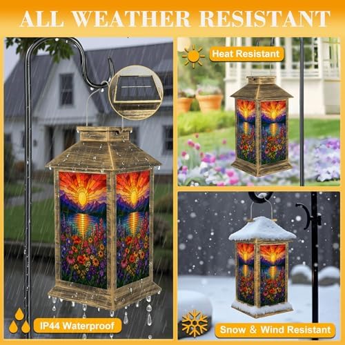 Solar Lantern Outdoor Waterproof Stained Glass Style Sunset Flower Garden Purple Red Yellow Blooms Garden Decor LED Hanging Solar Lights Tabletop Lamp Gifts for Women Mom Outside Yard Patio Porch - Image 3