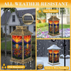 Solar Lantern Outdoor Waterproof Stained Glass Style Sunset Flower Garden Purple Red Yellow Blooms Garden Decor LED Hanging Solar Lights Tabletop Lamp Gifts for Women Mom Outside Yard Patio Porch - Image 3