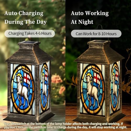 Solar Lantern Stained Glass Agnus Outdoor Garden Hanging Lantern Waterproof Solar Powered Lighting Outside Table Lamp for Deck Yard Camping Patio Decor - Image 4