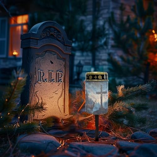 Poceacles 4 Pieces Cross Solar Powered Outdoor Lights Cemetery Solar Candle Solar Memorial Lights Outdoor Waterproof Landscape Lights for Yard Patio Lawn Outdoor Home Decor, Deer Cross Galaxy Blue - Image 2