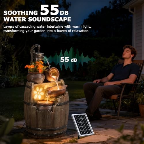29" Tall Barrel Solar Water Fountain Outdoor Garden - Image 5