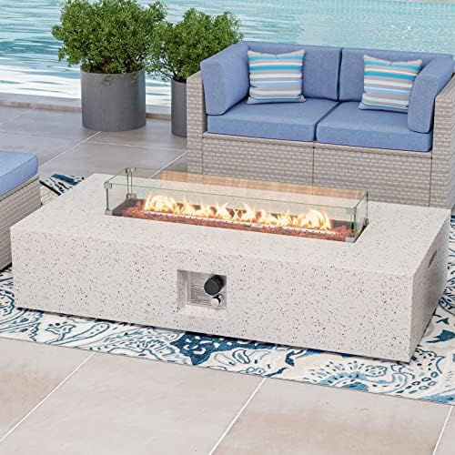 COSIEST Outdoor Propane Fire Pit Table 56" x 28" Rectangle Beige Compact Concrete-Like Finish, Certified, 50,000 BTU,Wind Guard, Tank Outside, Free Lava Rocks, Fits 20lb Tank Outside, Raincover - Image 2