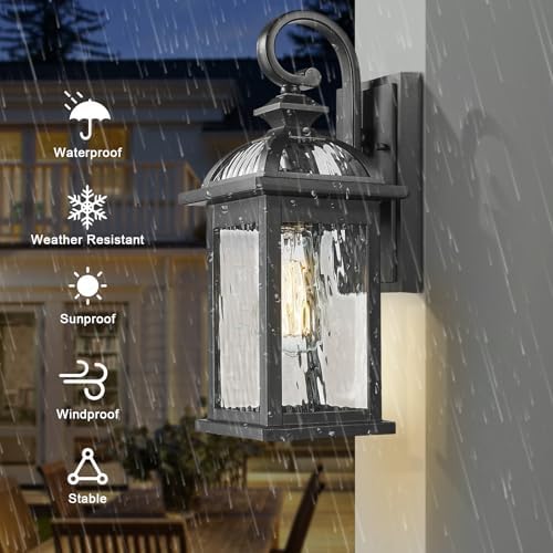 Darkaway Outdoor Lights Fixture Wall Mount, Exterior Wall Light with Water Ripple Glass Waterproof Black Outside Wall Sconce for House Porch Hallway Garage - Image 4