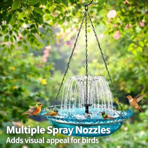 Solar Cascade Hanging Bird Bath Fountain, Solar Powered Hanging Bird Bath Fountain with Solars Pump & Glass Bowl, Large Solar Cascade Fountain for Outdoor, Gardens (Blue) - Image 3