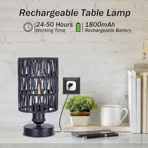 Cordless Rechargeable Outdoor Table Lamps, Battery Operated Table Lamp, Stepless Dimmable for Patio, Living Room, and Bedroom (Bulb Included) - Set of 2 (Black) - Image 4