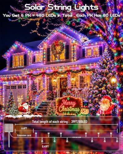 OZS 6 Pack 480 LED Solar String Lights Outdoor Waterproof, Multicolor - Image 5