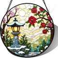 Stained Glass Suncatcher Asian Garden Lantern Window Hanging Red Floral Art Decor Gift for Mom Housewarming Unique Home Ornament Indoor Outdoor Window Panel Gift (Mixed,11.8x11.8IN) by Unknown