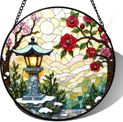 Stained Glass Suncatcher Asian Garden Lantern Window Hanging Red Floral Art Decor Gift for Mom Housewarming Unique Home Ornament Indoor Outdoor Window Panel Gift (Mixed,11.8x11.8IN) by Unknown