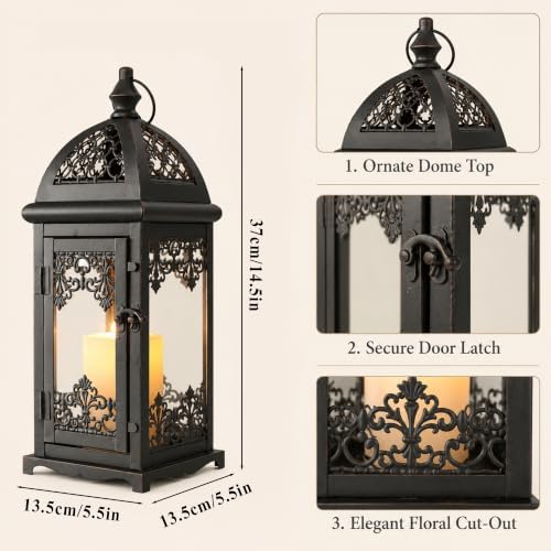 JHY DESIGN 15" High Decorative Candle Lantern Metal Candle Holder Vintage Hanging Lantern with Tempered Glass for Indoor Outdoor Home Living Room Wedding Party Patio Porch Decor (Black with Red Brush) - Image 2
