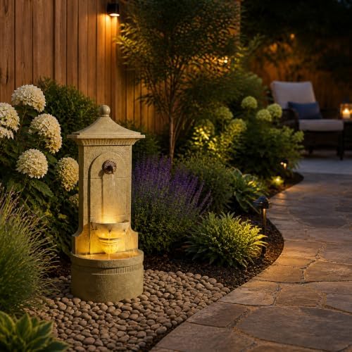 Bumilgar 42.91" H Outdoor Wall Water Fountain, Beige Vintage Pavilion Resin Cascading Fountain for Patio Garden Backyard Decor - Image 3