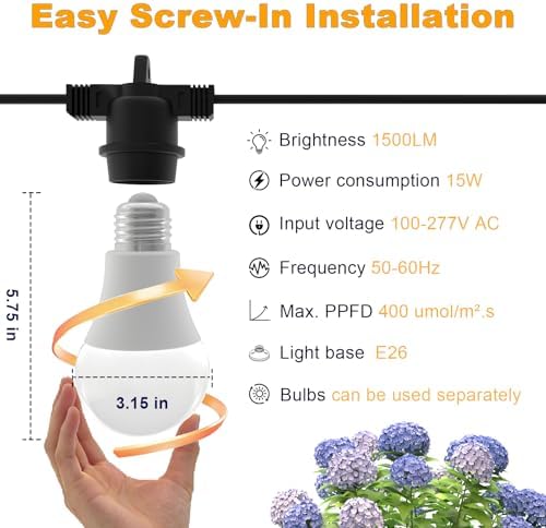 Grow Lights Hanging for Indoor Plants - Full Spectrum LED String Grow Light Bulbs with E26 Base，Waterproof 45W Durable Plant Lighting for Seeds, Flowers, Succulents, Indoor & Outdoor Use (3 Lights) - Image 2