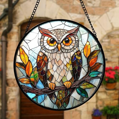 Owl Colorful Leaves Birds Stained Glass Window Hanging Suncatcher Gift 9.8" - Image 4