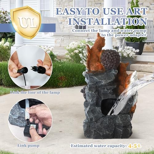 Grepatio Outdoor 4-Tiers Cascading Water Fountain, Waterfall Fountain with 4 LED Lights, Outdoor Fountains and Waterfalls for Garden or Patio, Yard, Deck, Decor with 3 Squirrel Look - Image 4